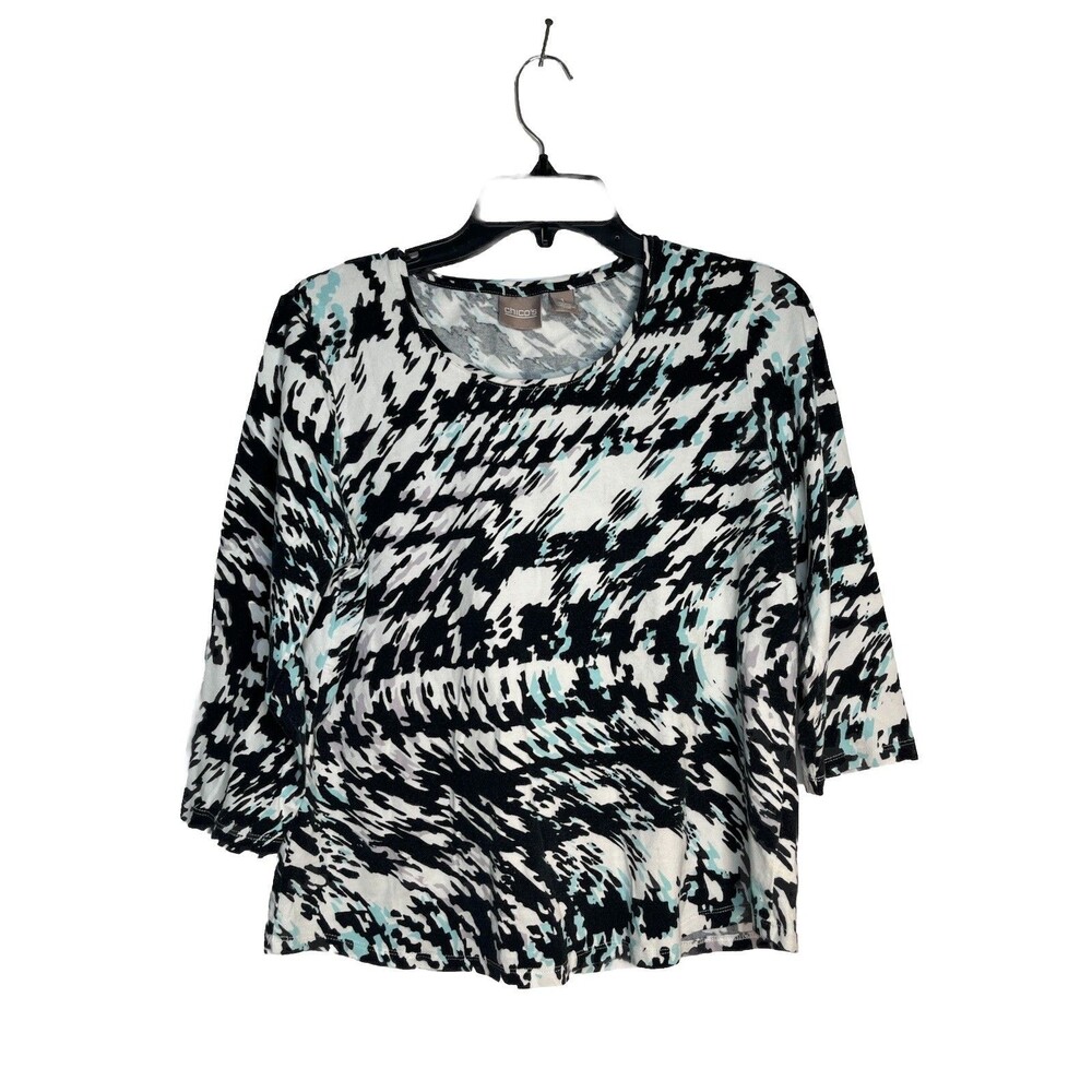 Chicos Swirl Houndstooth  Womens 1  Blue Tones  3/4 Sleeve  Top